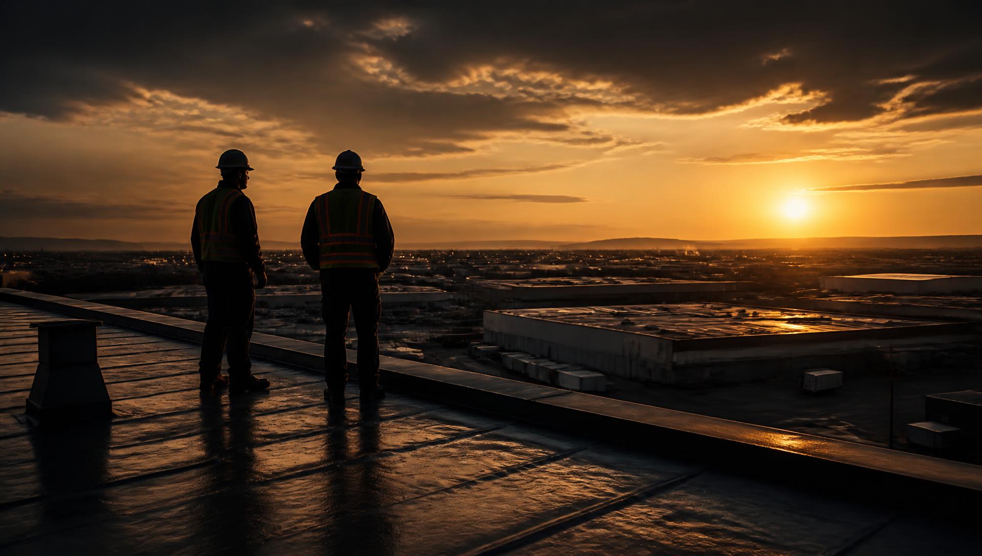 Roofing crew on a commercial flat roof overlooking an industrial park