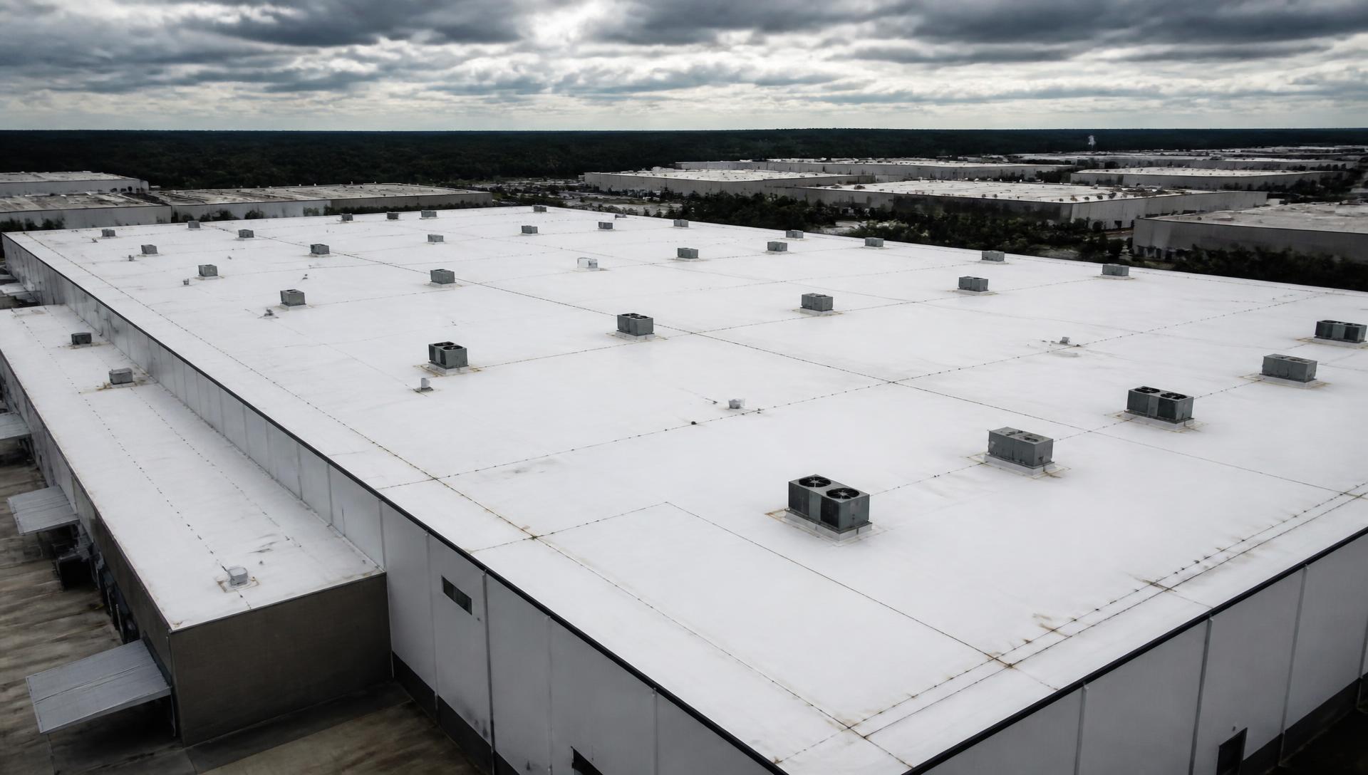 Aerial view of a large commercial membrane roof on a Metro Atlanta industrial facility