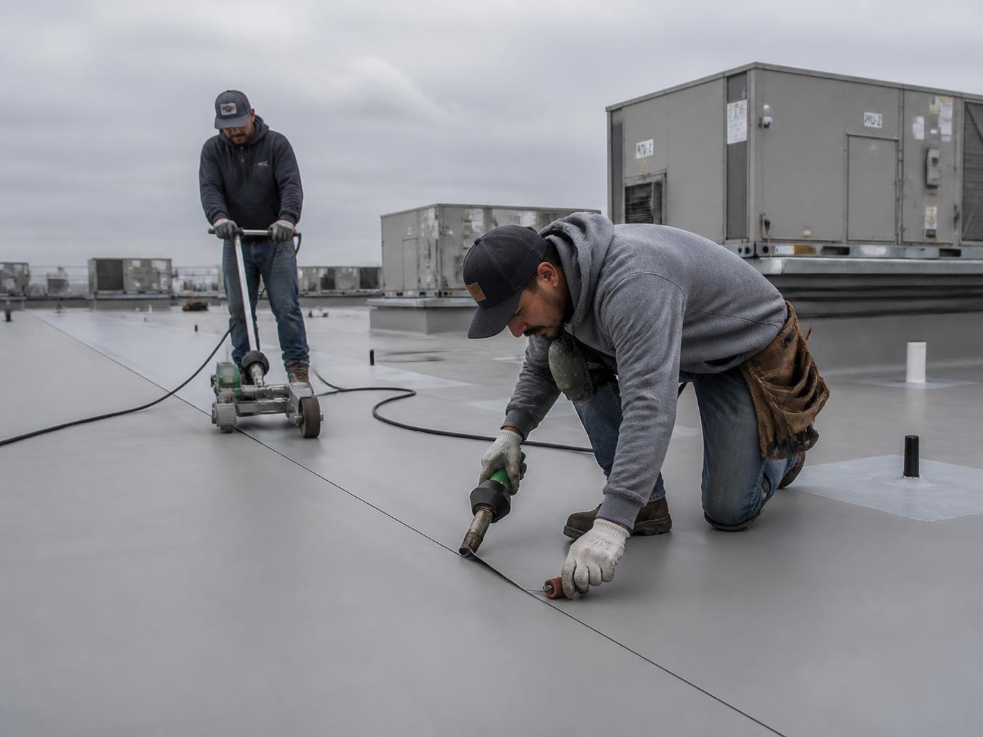 RoofDry crew heat-welding a TPO membrane seam during a commercial flat roof installation