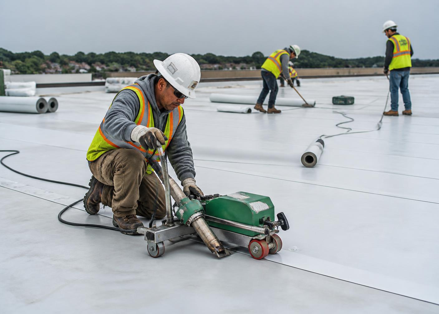 RoofDry crew installing a commercial membrane roofing system