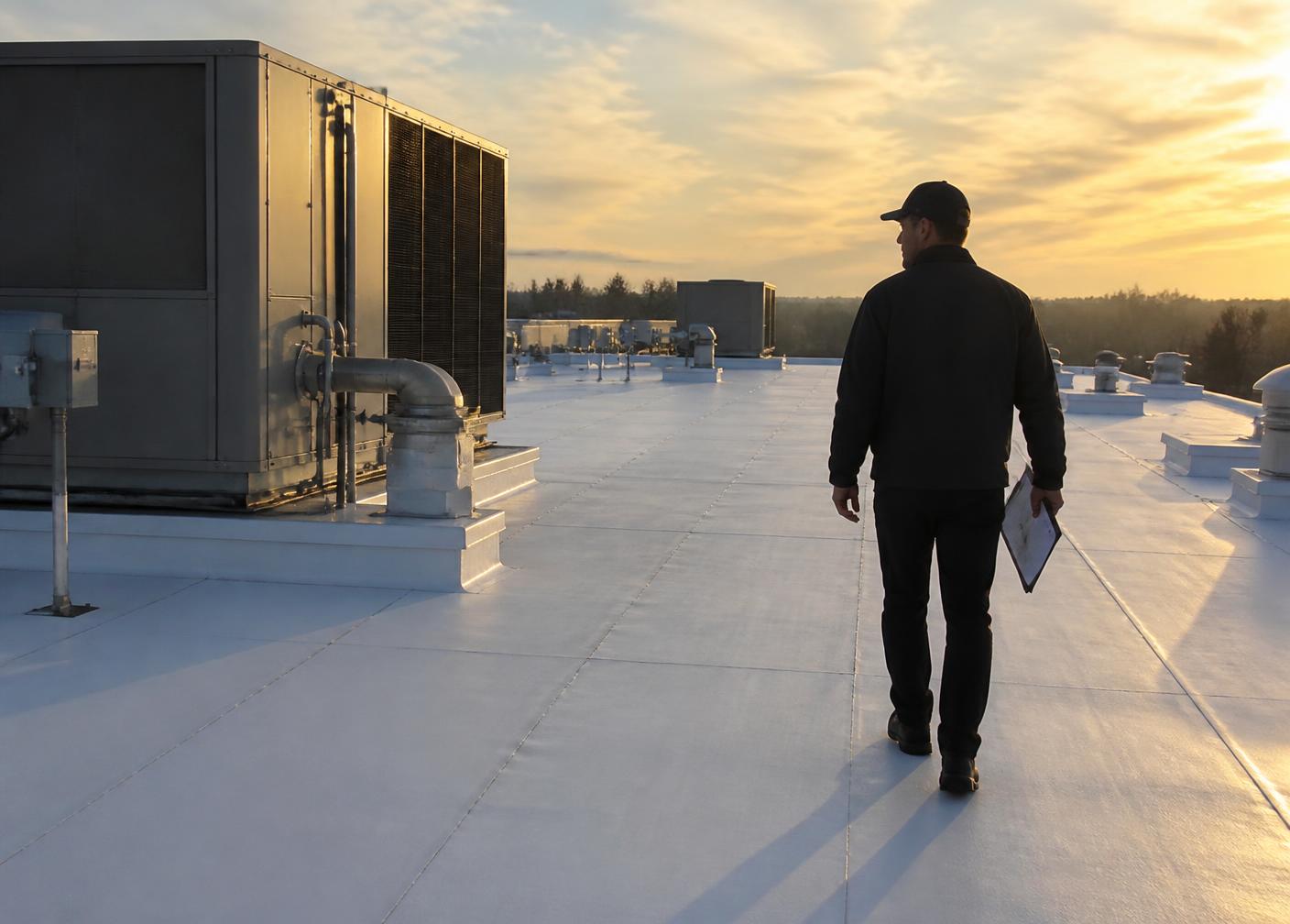 Roof technician performing a commercial roof inspection